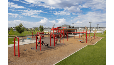 Elevated view of a park train themed playground.