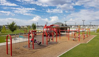Elevated view of a park train themed playground.
