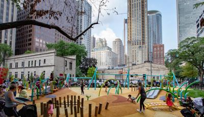 Seneca Park, Eli M. Schulman Playground w/Chicago skyline behind