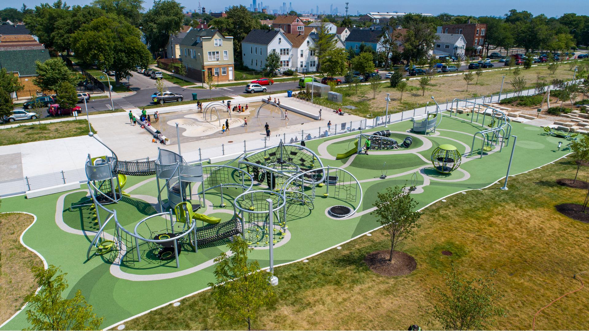 Elevated view of a large long rectangular play area with unique custom netted structures connecting all together for continuous play. 