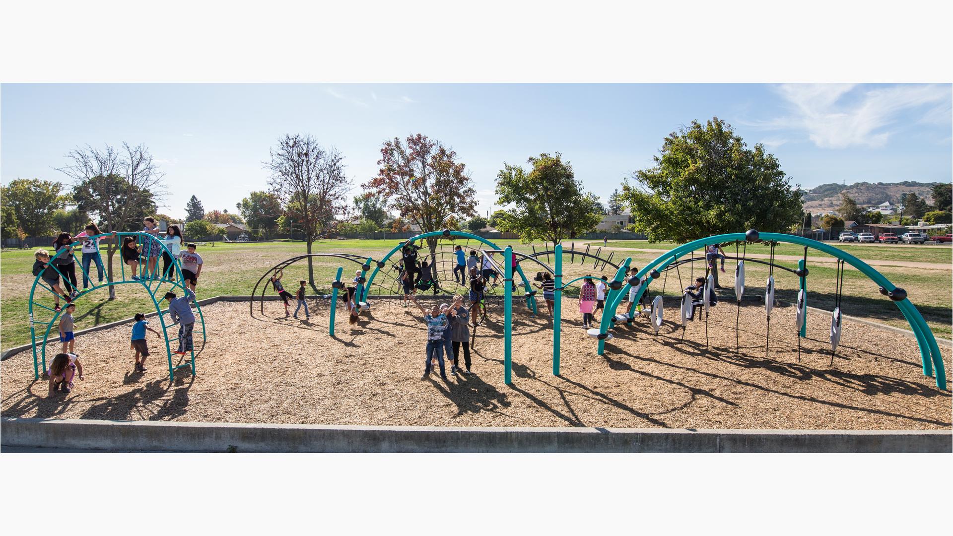 Miwok Valley Elementary School offers an Evos® play system, O-Zone® Climber, swing, RingTangle® Climber, and Gyro Twister® Spinner. 