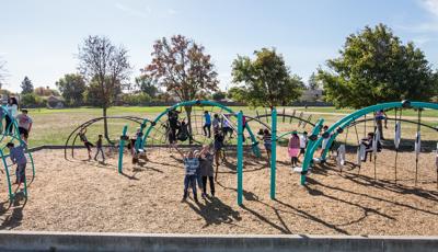Miwok Valley Elementary School offers an Evos® play system, O-Zone® Climber, swing, RingTangle® Climber, and Gyro Twister® Spinner. 