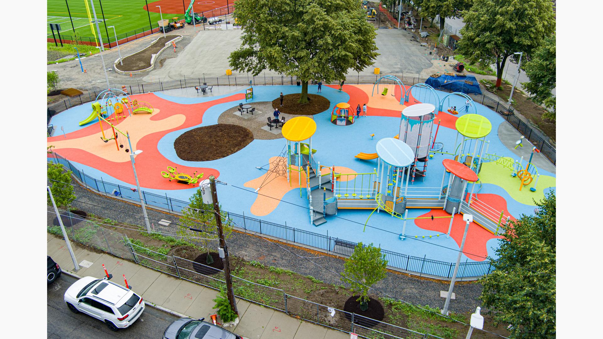 Elevated view of a paint and art themed playground.