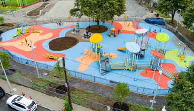 Elevated view of a paint and art themed playground.