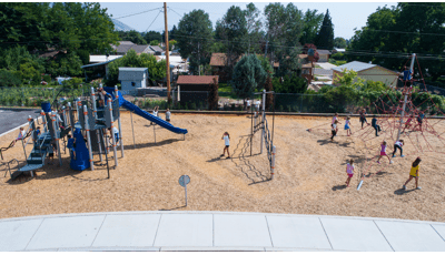 Edgemont Elementary School in Provo, UT features GeoPlex® 3-Spoke Tower with Cables to the SwiggleKnots™ and Double Swoosh Slide® and SpyroSlide™.