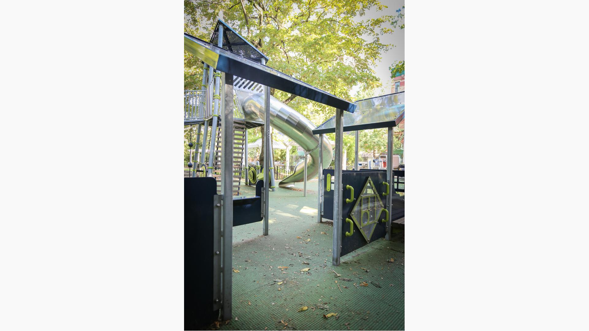 Stainless steel Play Booster tunnel slide at Joseph C. Sauer Park