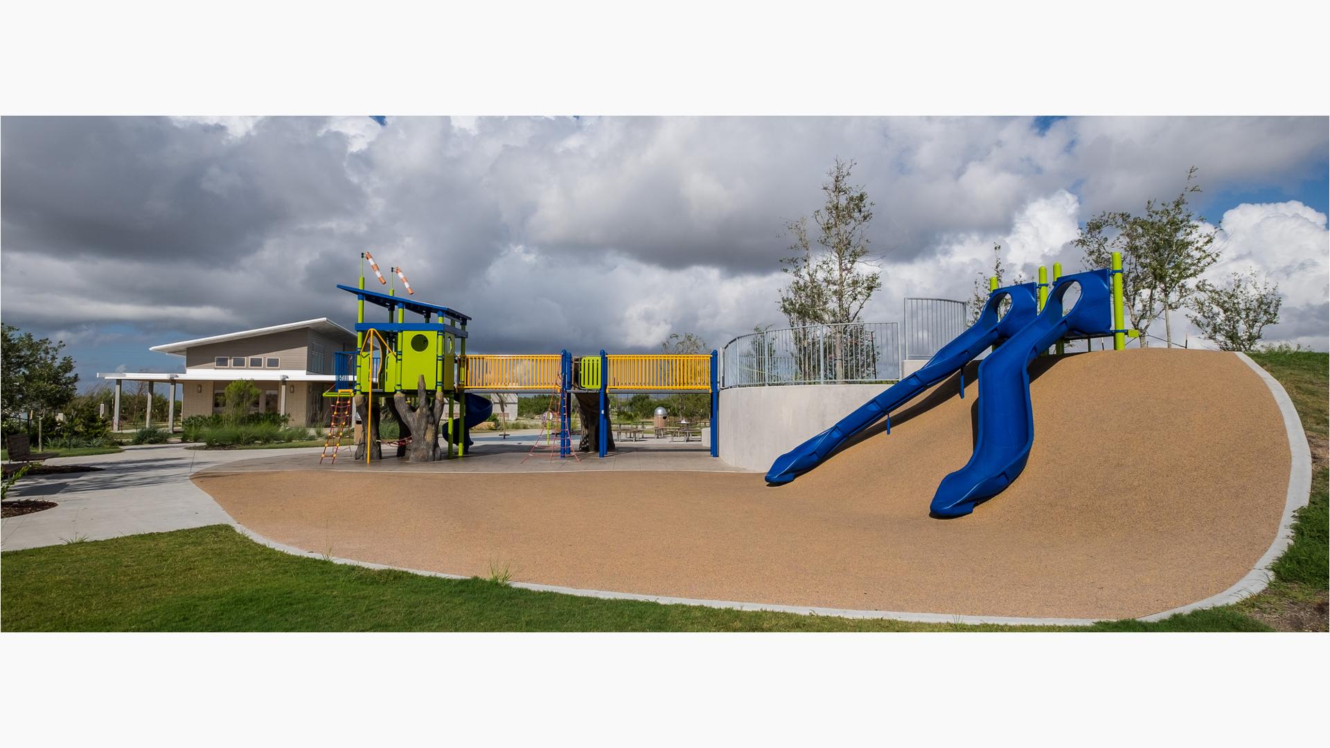 Oso Bay Wetlands Preserve and Learning Center, Corpus Christi, TX. The PlayBooster® playground structure is full of opportunities to climb, twirl and slide in a wetlands-theme environment.