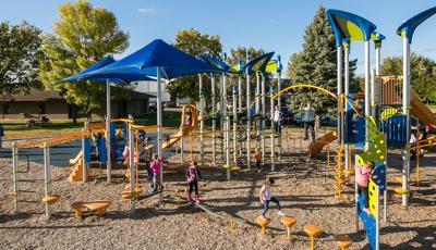 Lions Park Clearwater, MN. The main Netplex® play structure is anchored by a Skyport™ Climber, which features vertical net tunnels and latex-free rubber landings. Platground also features the Crest Climber, the S-Disc Challenge or spin around and around on the Blender™ Spinner.