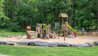 Kids climbing on naturally-themed playground in Robert H. Treman State Park.