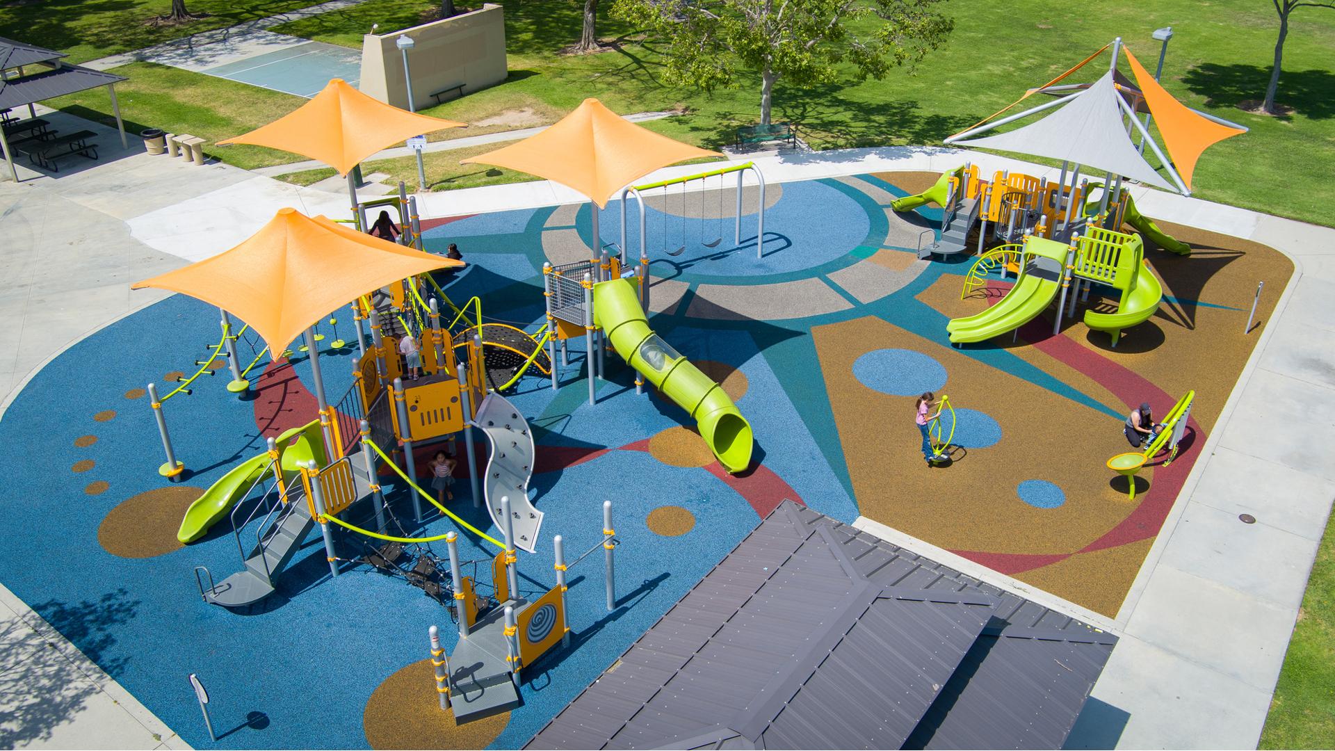 Elevated view of an outdoor city park with uniquely designed safety surfacing.