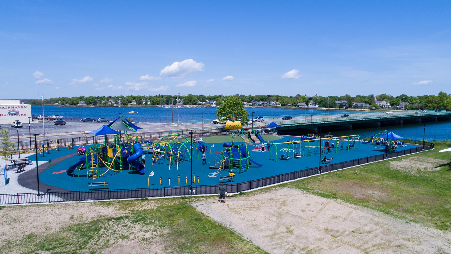 Noah's Place Playground New Bedford, MA offers a fully ramped PlayBooster® playstructure along with the Sensory Play Center®, Sway Fun® glider, We-saw™ and OmniSpin® spinner. In addition, there is a ship-themed playstructure, playground swings, net climbers and a Weevos® playstructure.