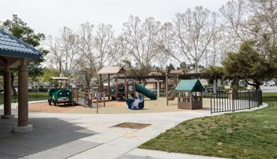 Safari-theme playground colored brown and green and includes accessible ramps. There is also a custom safari jeep. 