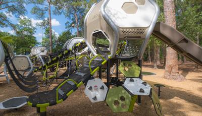 Ramp, slide and netting on Highland Recreation Complex playscape