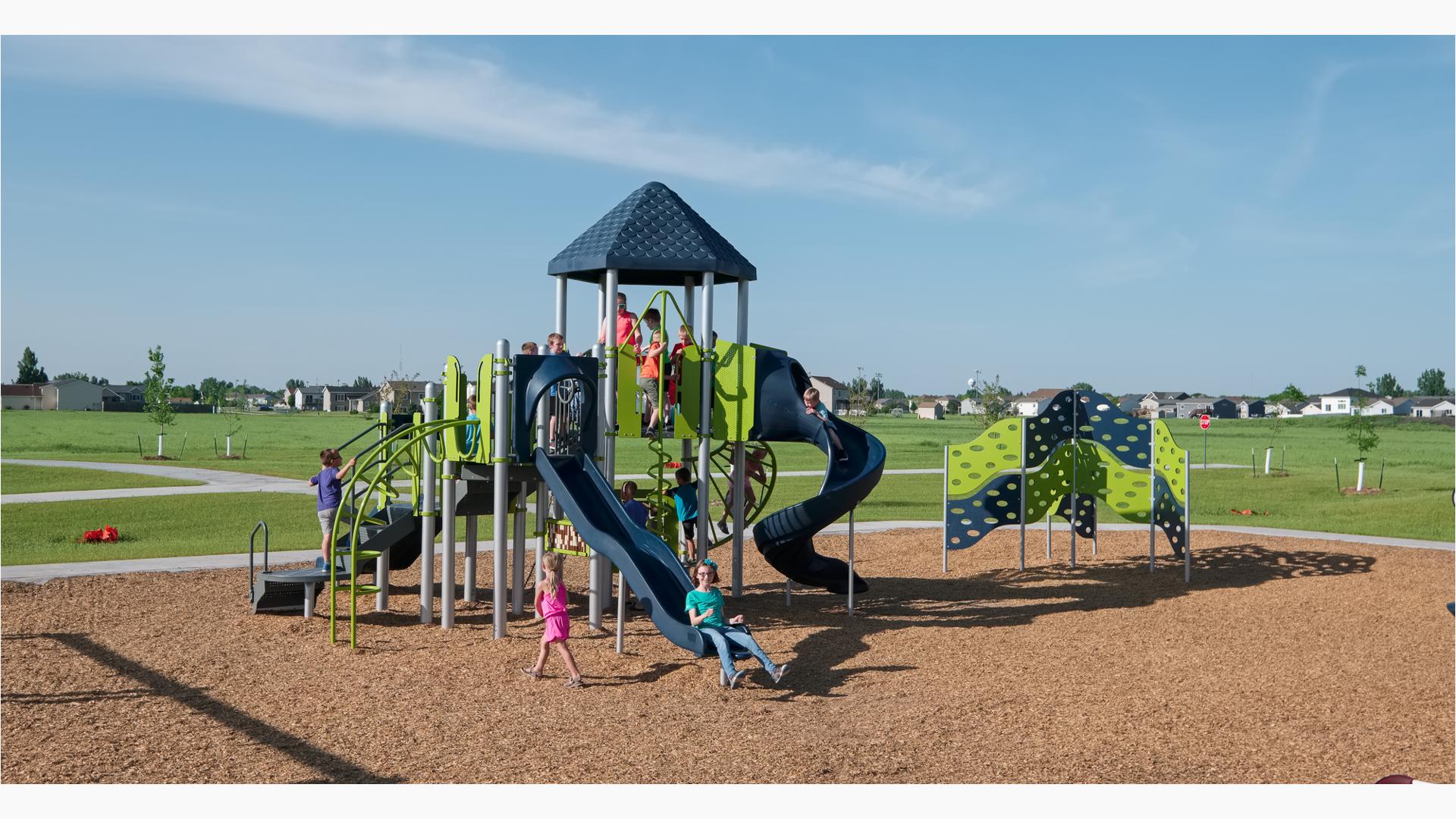 Legacy Park, Fargo, ND features a PlayBooster®  play structure for ages 5 to 12 with a variety of climbers and slides galore. The PlayShaper® play structure is sized right for ages 2 to 5, with slides, climbers and more. As well as a Cascade Climber.
