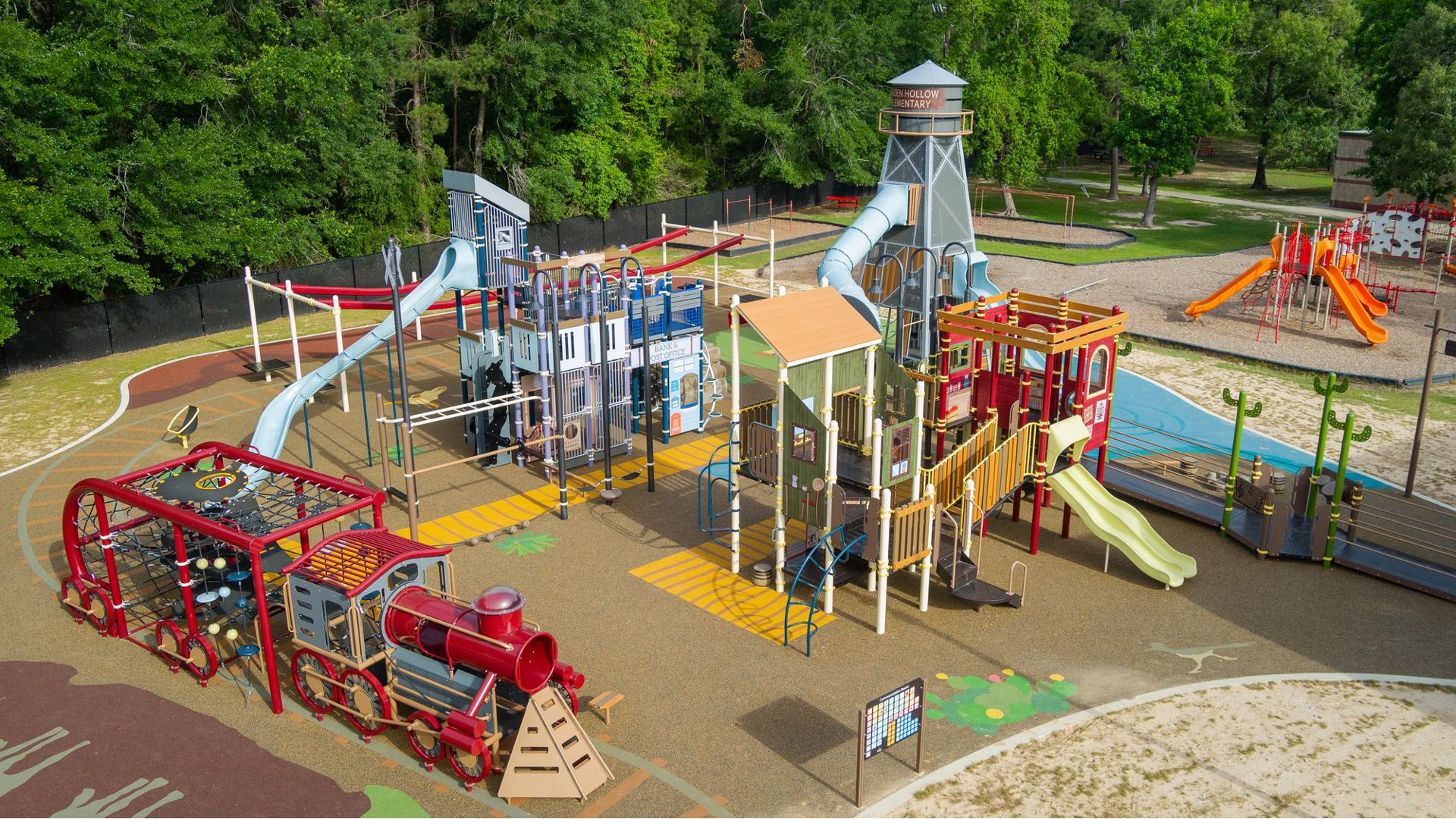 Elevated view of a western town themed playground.