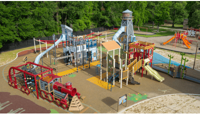 Elevated view of a western town themed playground.