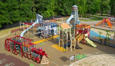 Elevated view of a western town themed playground.